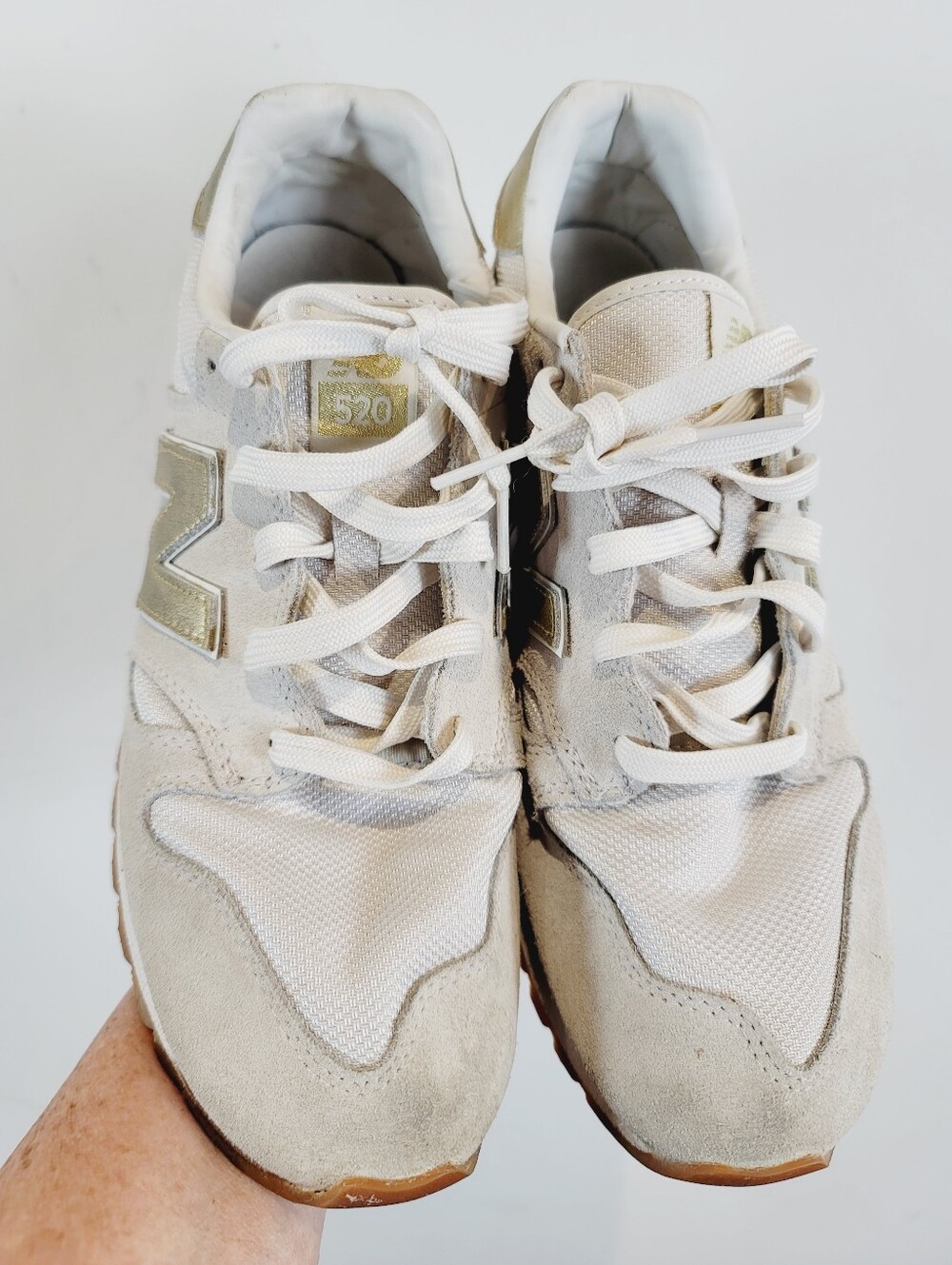 New Balance 520 White & Gold Sneakers, Size 10